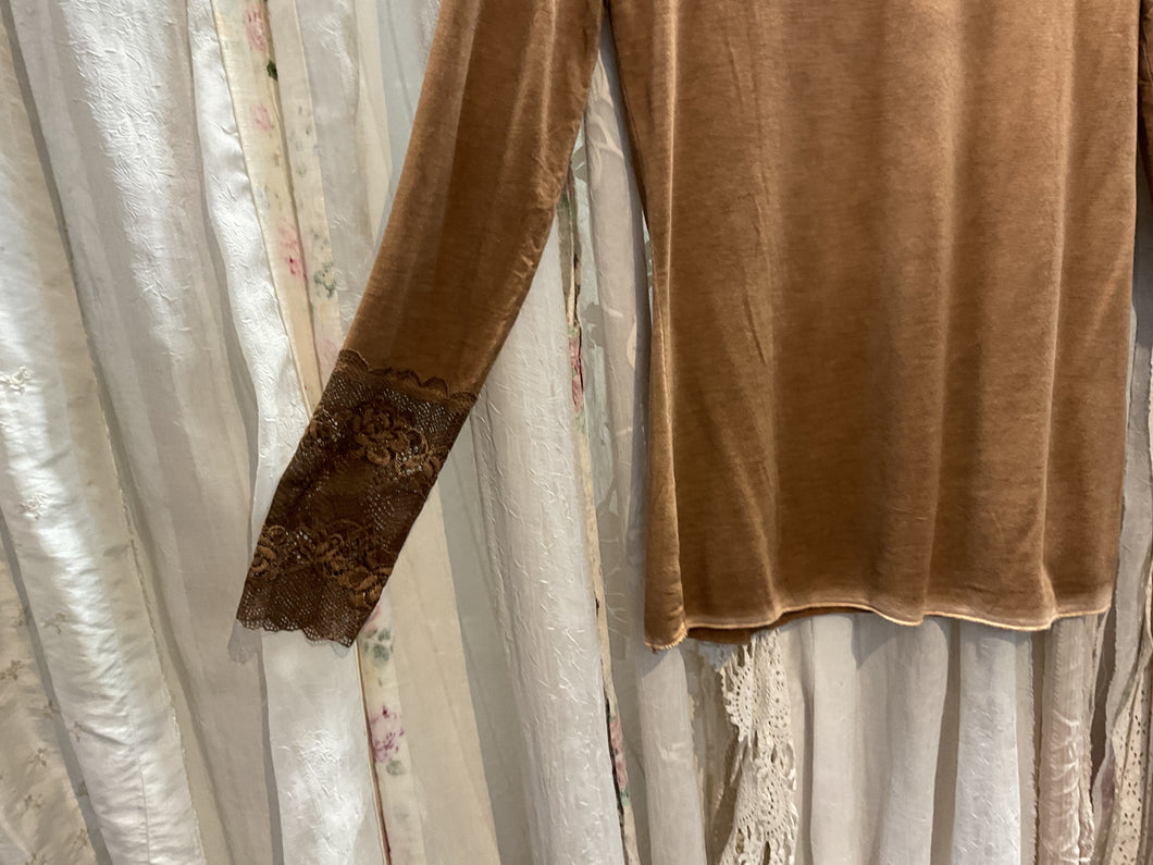 Long Sleeve T Shirt - French Lace Detail: DESERT