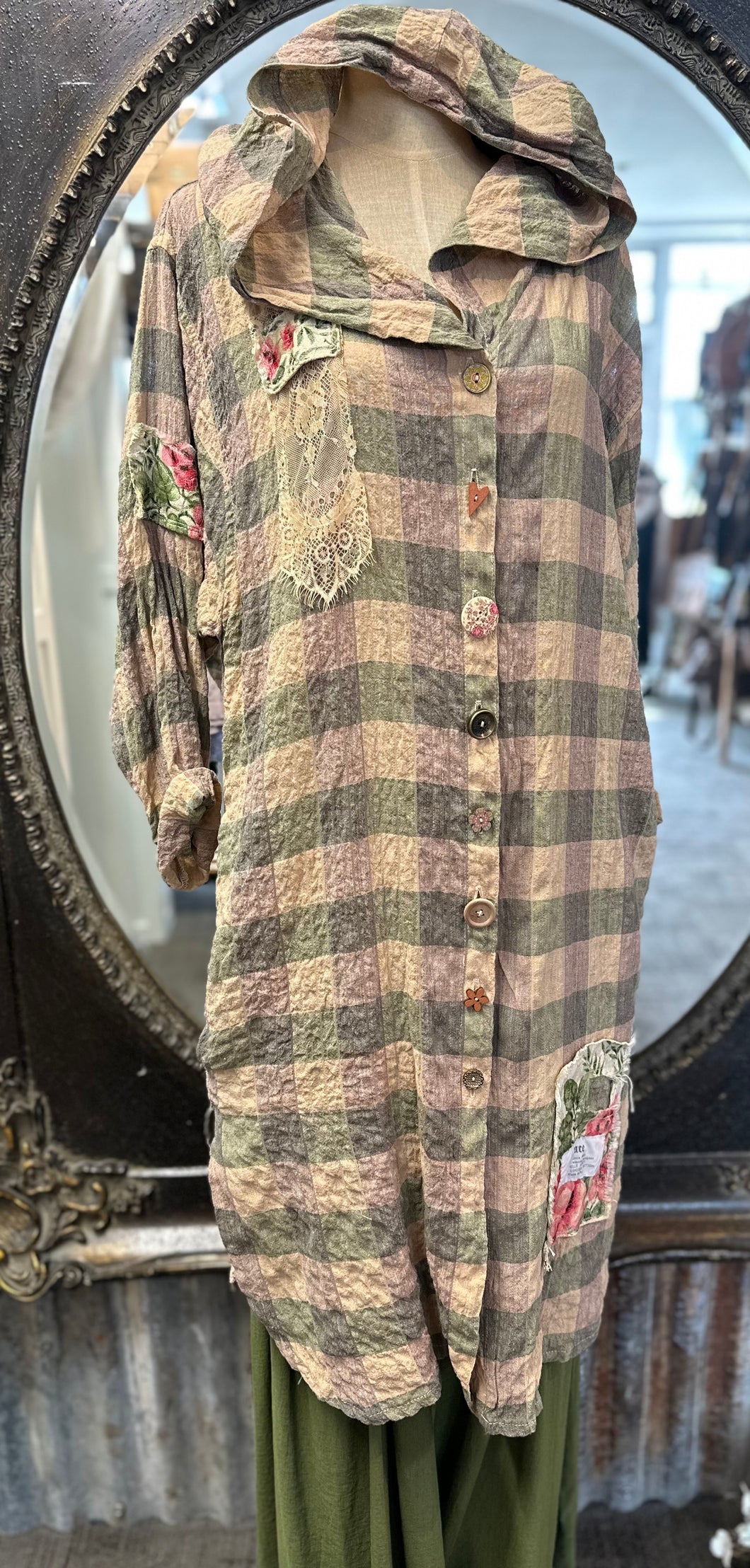 Patch Hooded Overshirt - DUSKY ROSE CHECK