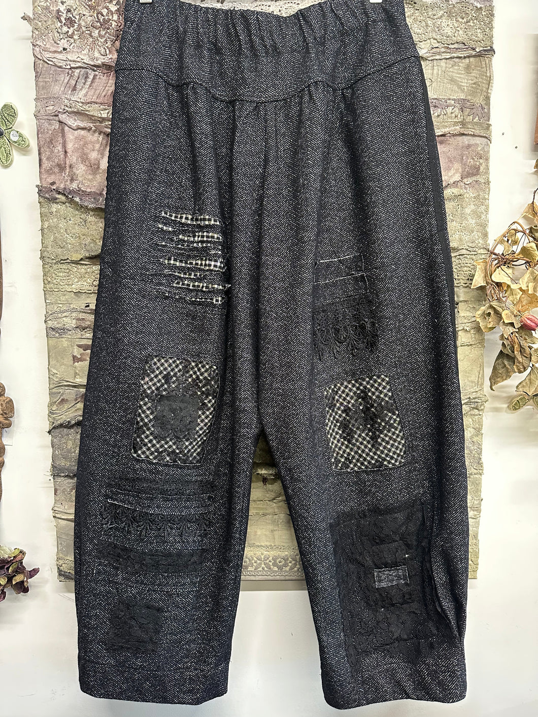 Wool Patch Pants - HERRINGBONE BLACK