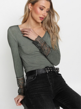 Load image into Gallery viewer, Long Sleeve T Shirt - French Lace Detail: KHAKI
