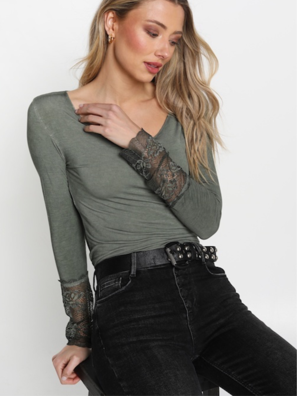 Long Sleeve T Shirt - French Lace Detail: KHAKI