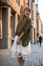 Load image into Gallery viewer, #5256 Olive Green crinkle cropped overtop with frill hem and roses
