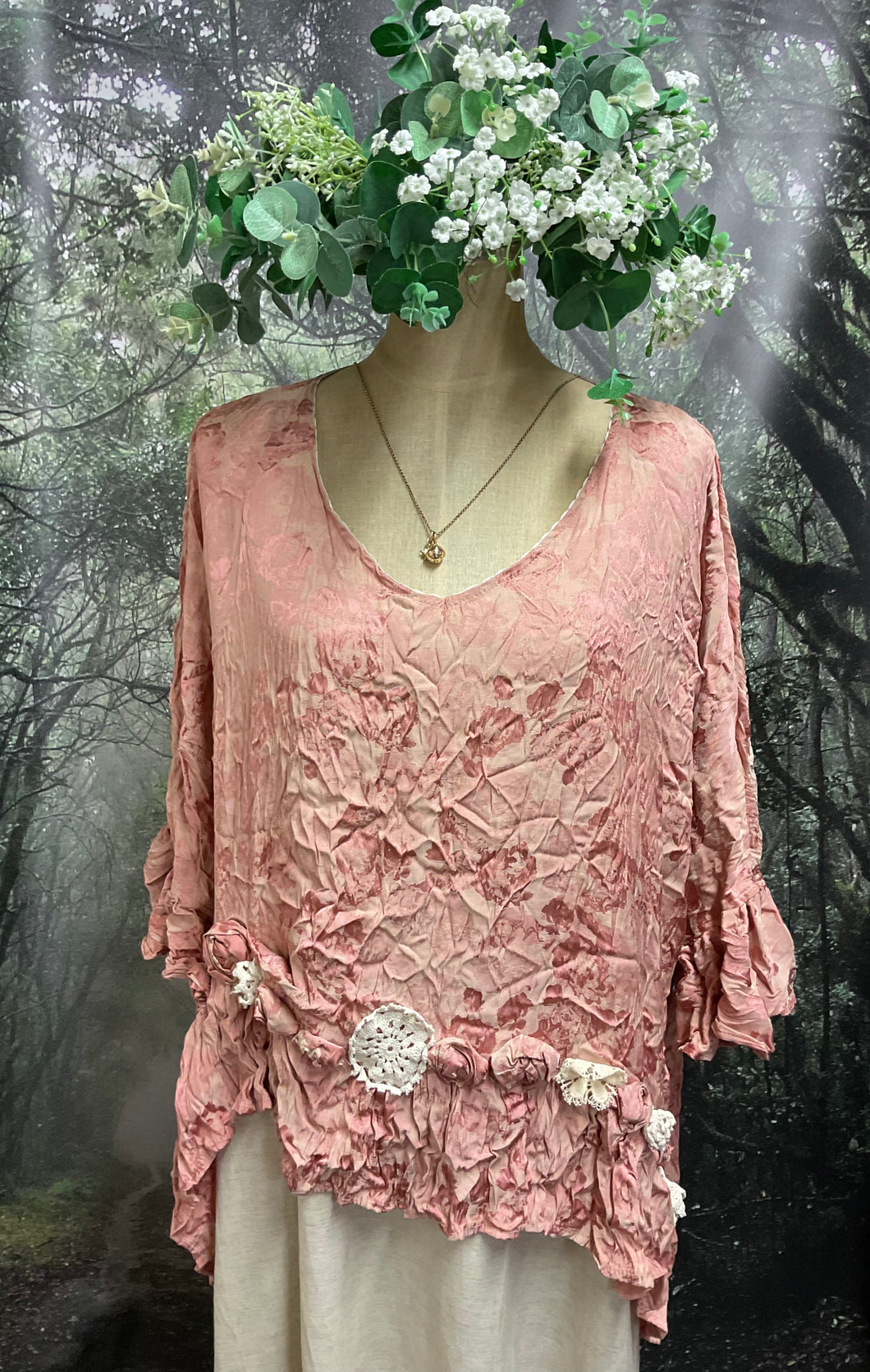 #5170 pink satin brocade roses top