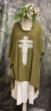 Load image into Gallery viewer, #5293 Khaki green longline textured top with hand painted and lace appliqué
