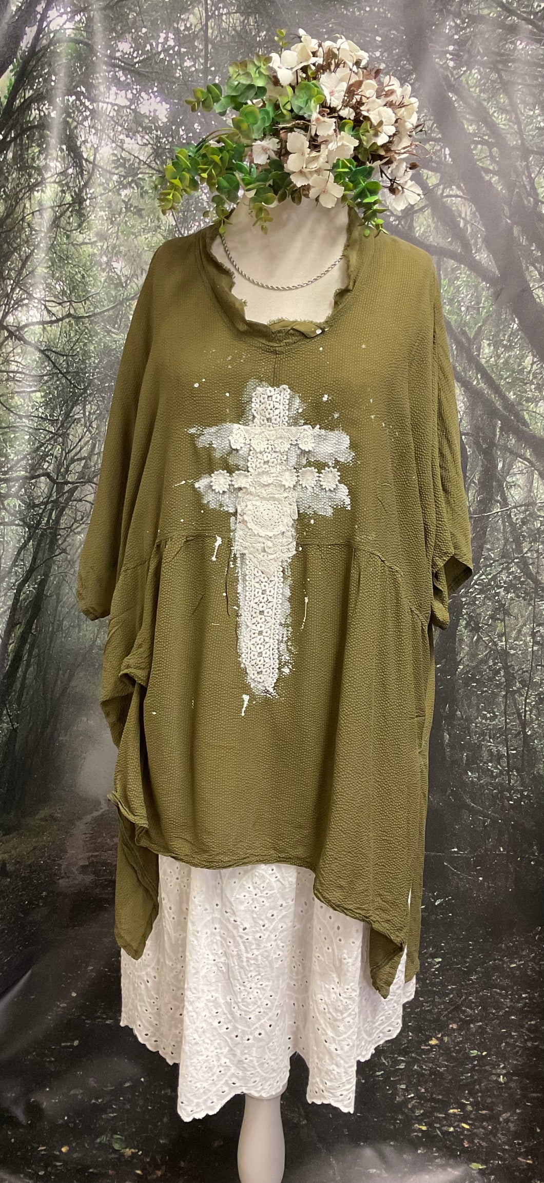 #5293 Khaki green longline textured top with hand painted and lace appliqué