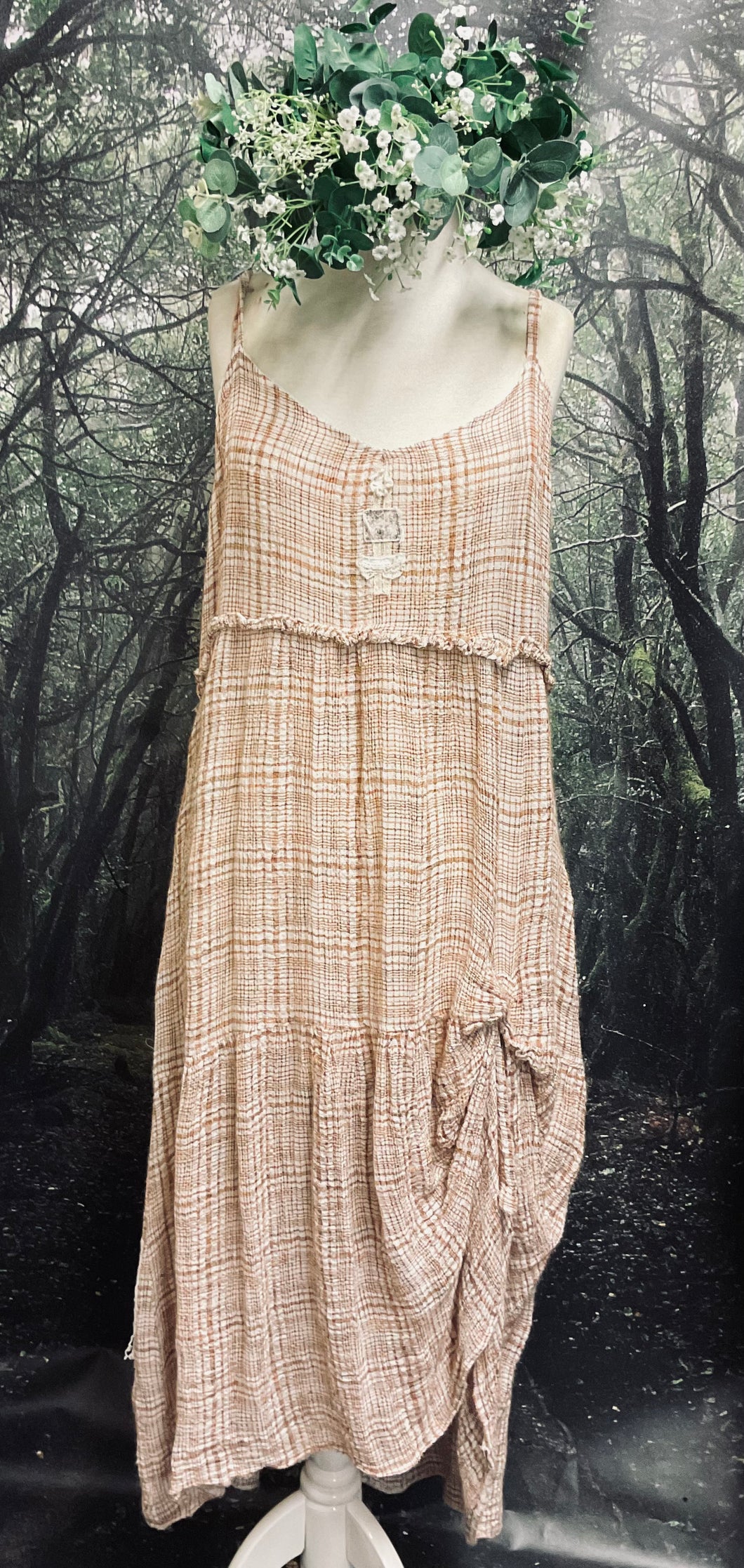 #5014 Pre-loved Check linen strap dress