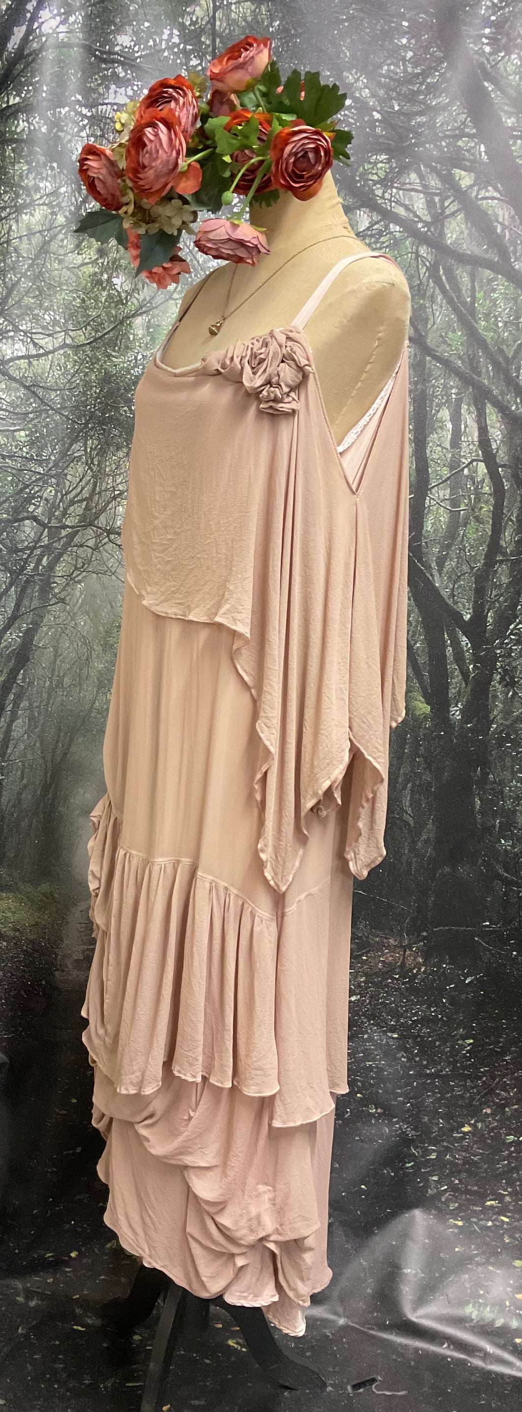#5310 Soft pink chiffon drape dress with roses detail