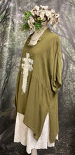 Load image into Gallery viewer, #5293 Khaki green longline textured top with hand painted and lace appliqué
