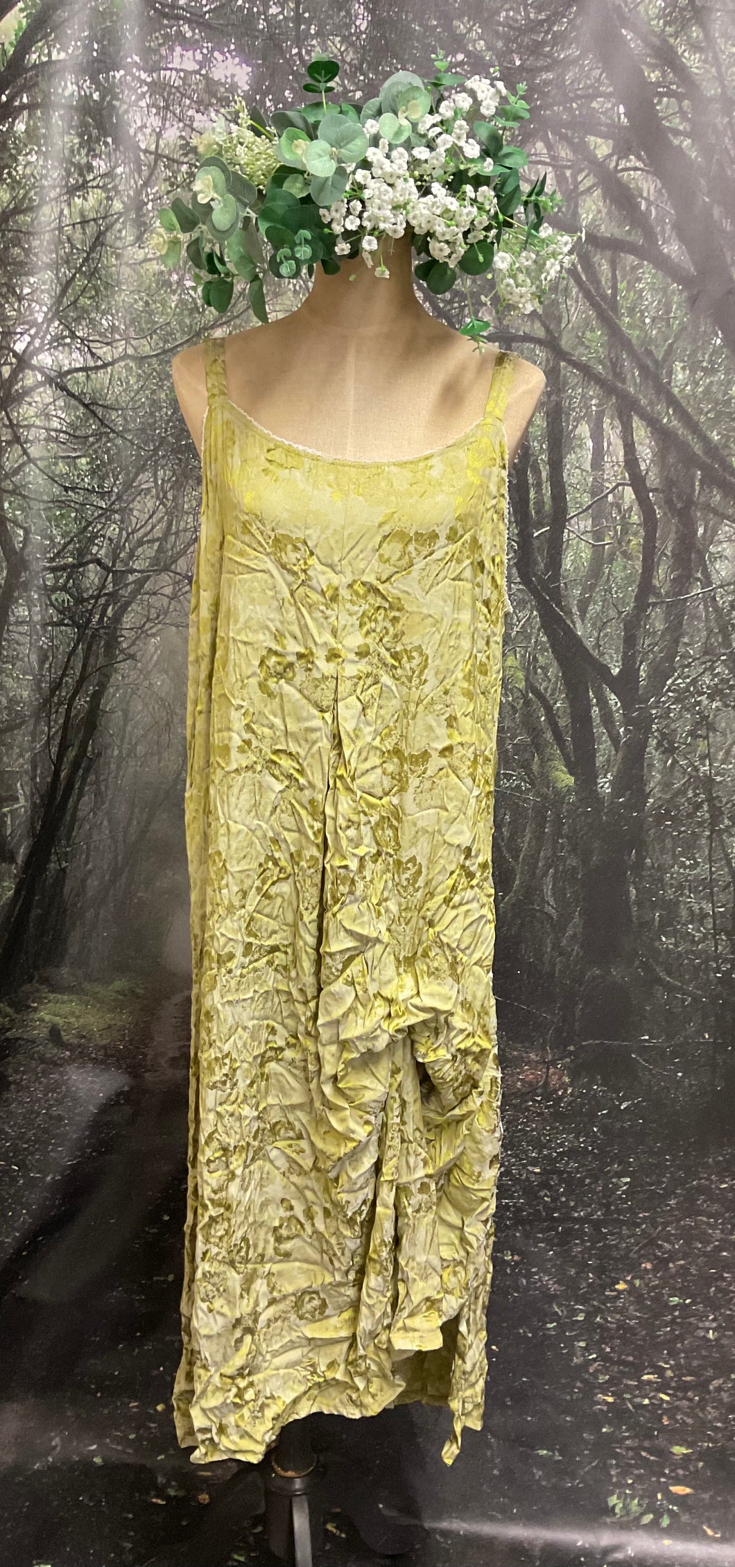 #5158 Chartreuse embossed satin bias cut dress