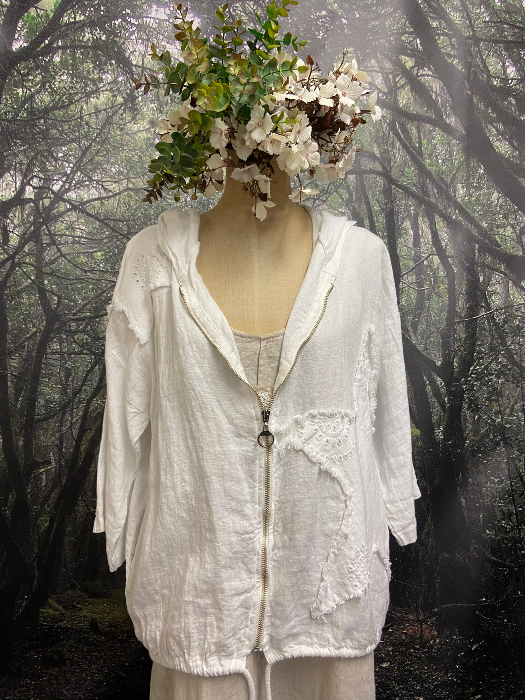 White linen jacket with lace detail