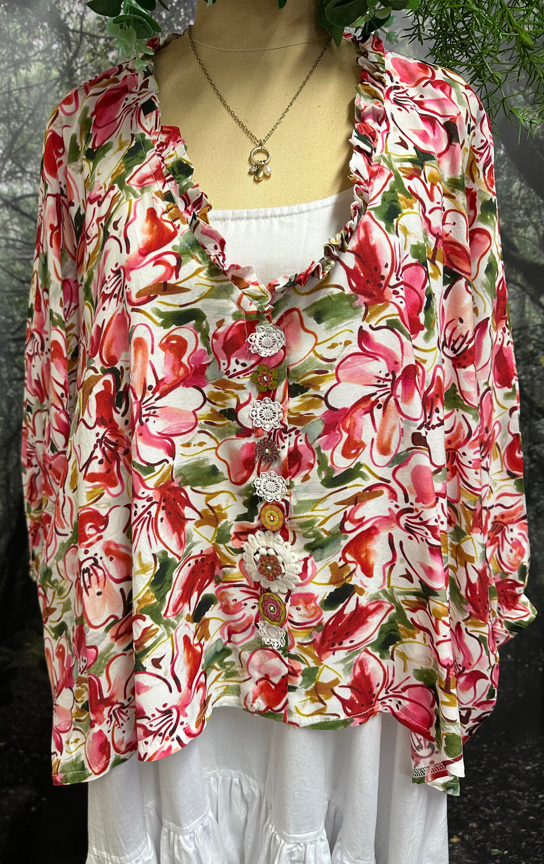 Armarni red floral over top