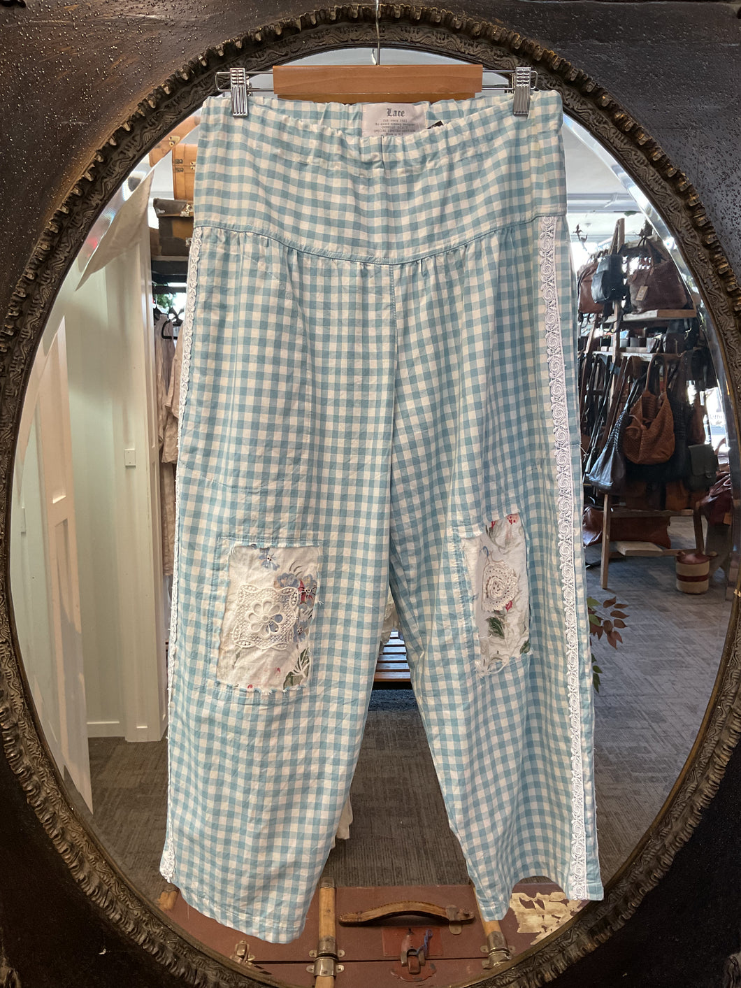 #5299 Blue gingham cotton pants with patchwork detail.