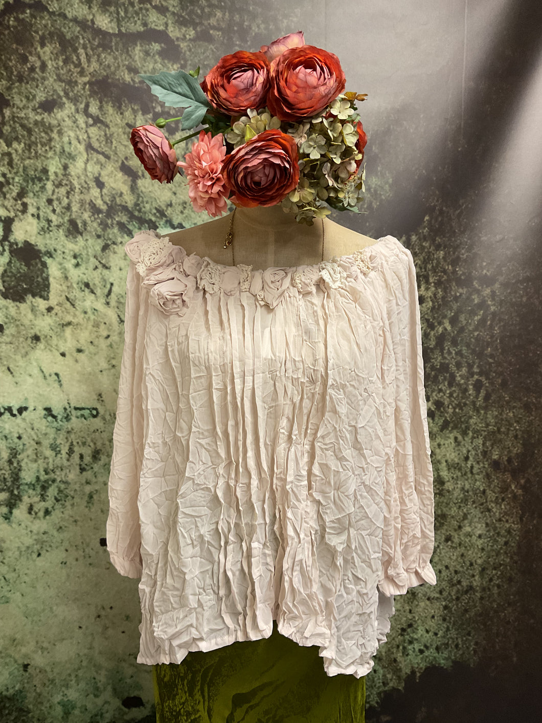 #5401 Blush crinkle chiffon roses blouse