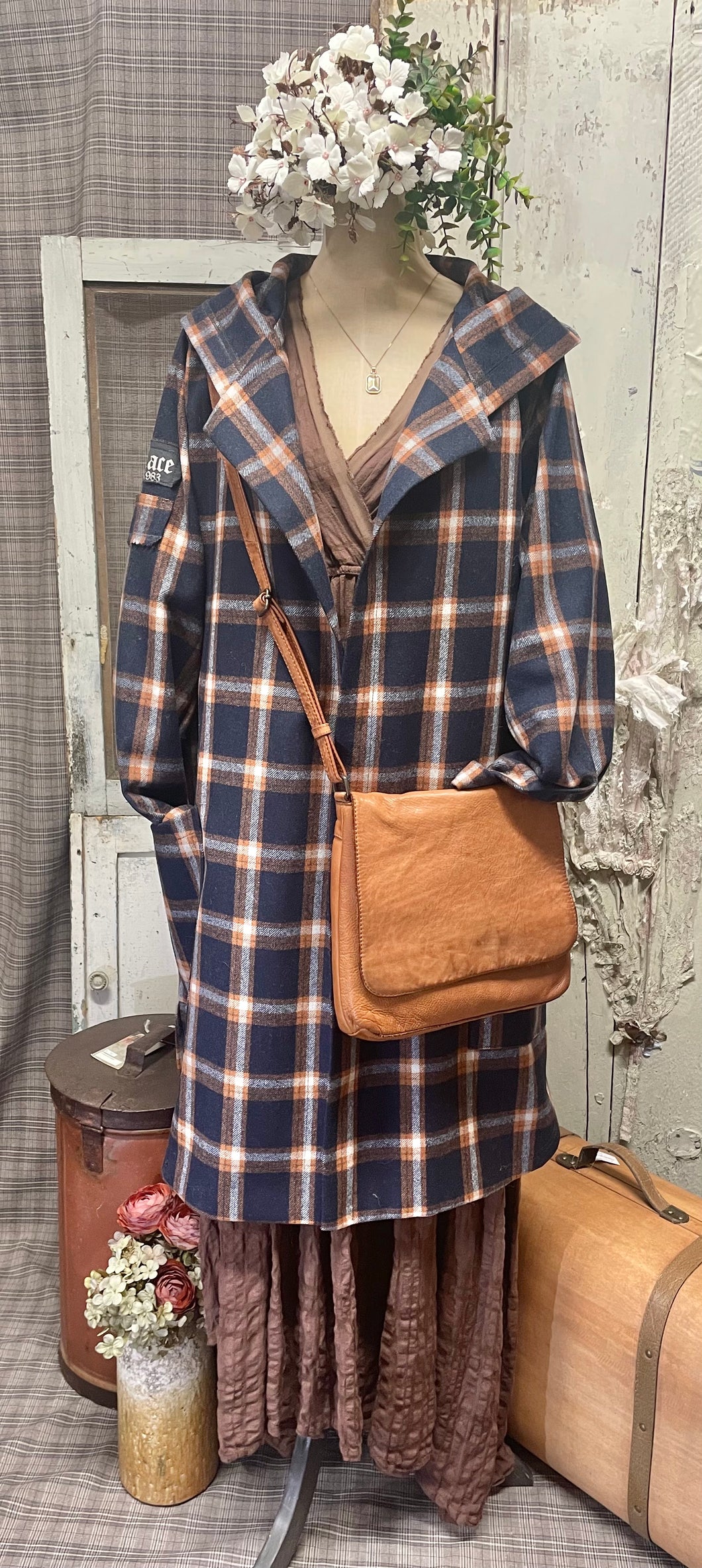 Navy and copper check wool hooded coat