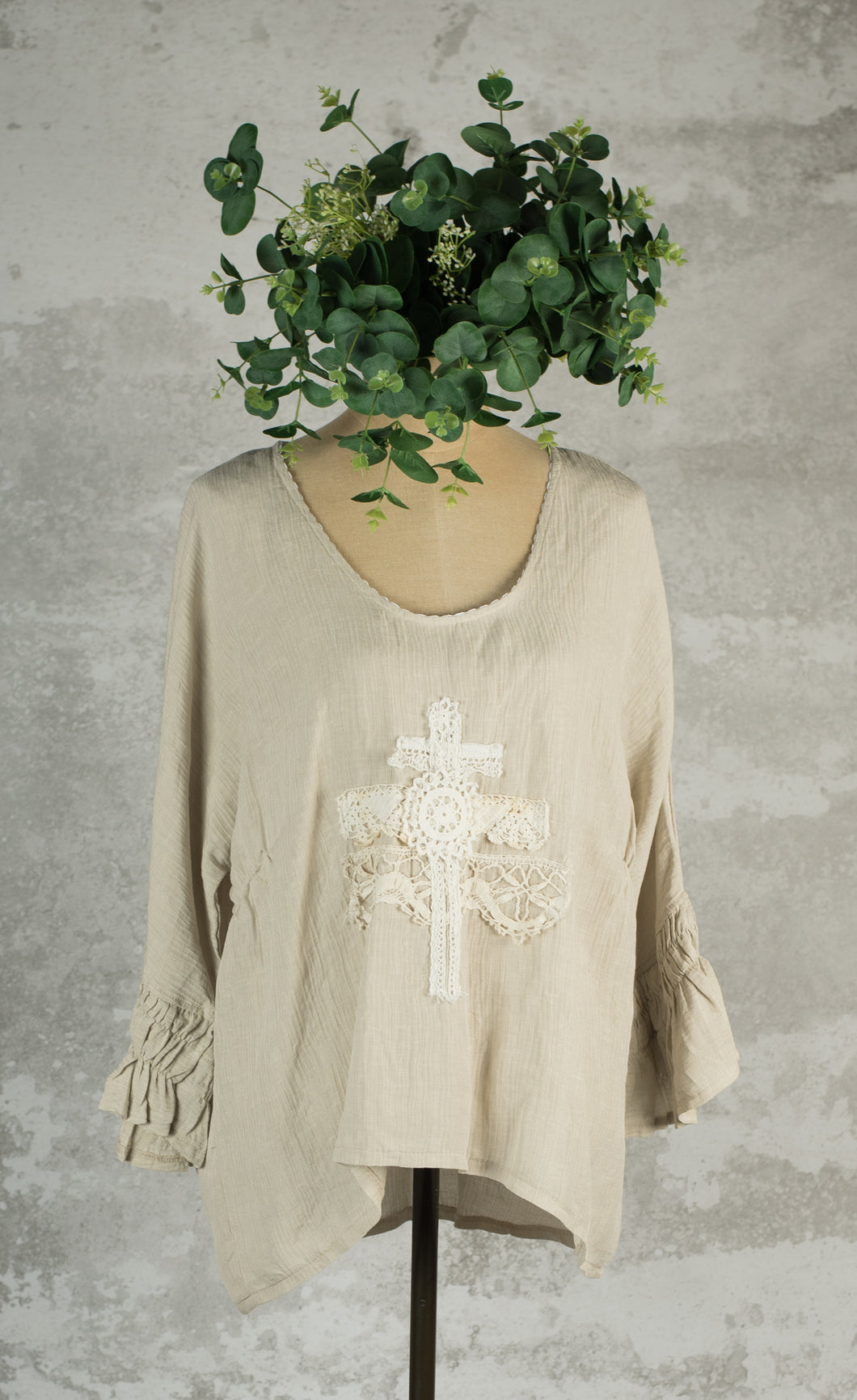 Natural linen lola top with rouche sleeve