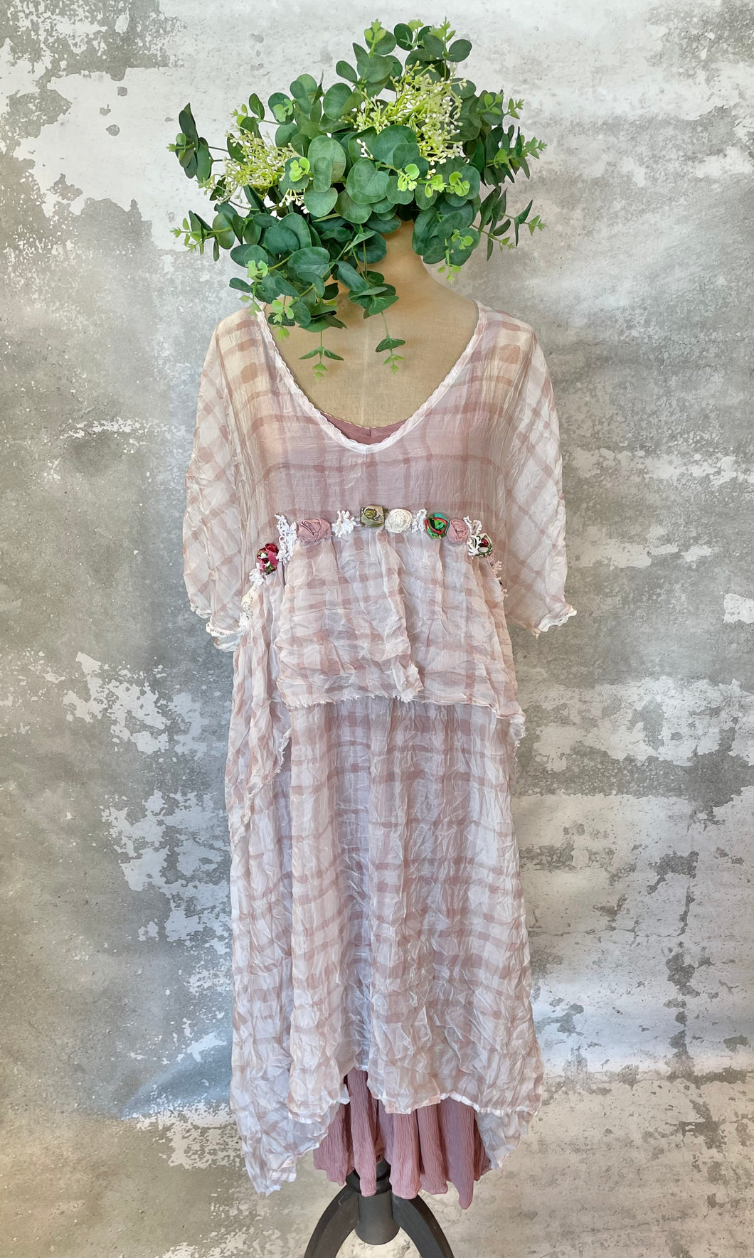 Pink checked rosette dress