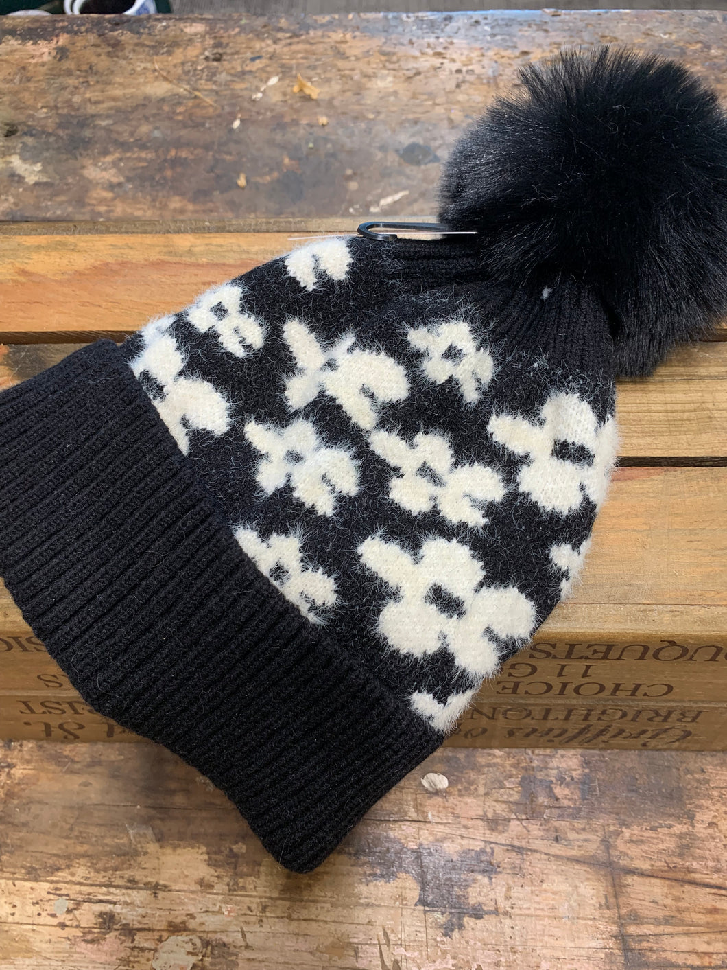 Black floral cashmere beanie