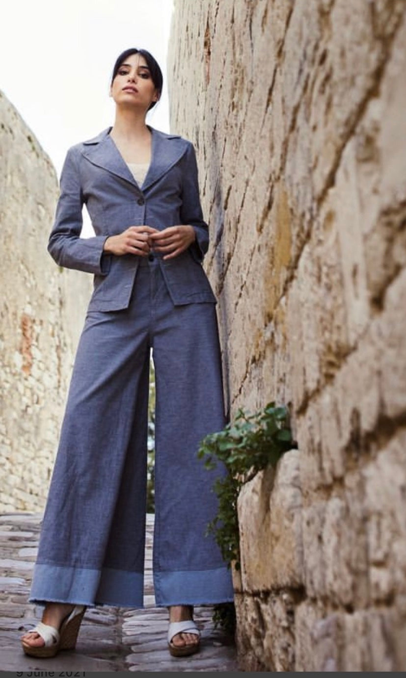 Italian linen blend wide leg trousers in denim