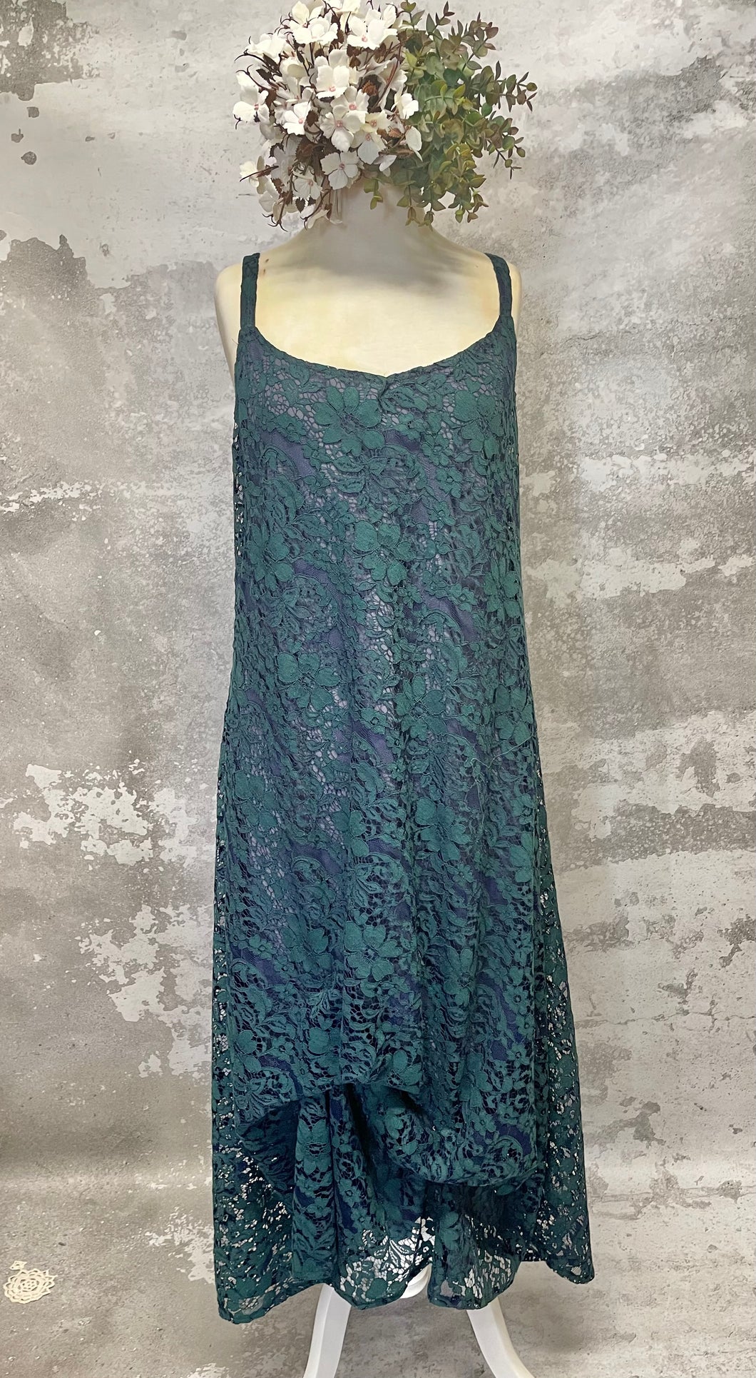 Emerald and Indigo lace slip dress